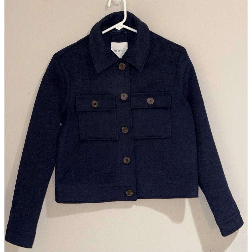 Avec Les Filles Women's Small Cropped Utility Jacket Navy Button Front Shacket - Picture 1 of 7